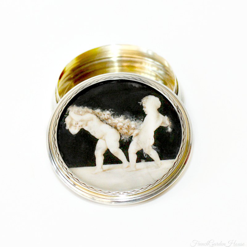 Hand painted French sterling pill box with cherubs and rose garlands on lid