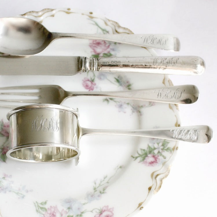 English sterling silver child’s christening set with napkin ring, fork, spoon, knife, and floral plate—an exquisite heirloom gift in its original case.