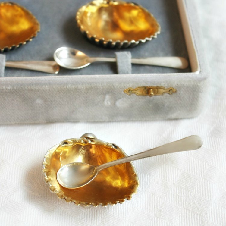 antique sterling and gold salt cellar shells with spoons