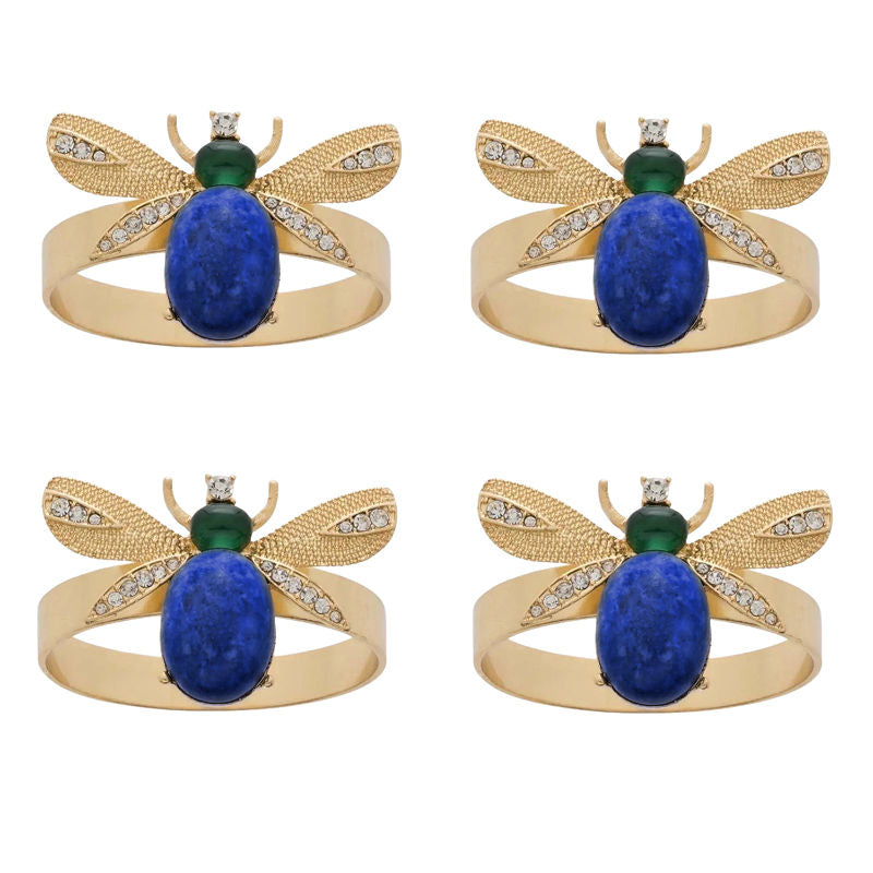 Lapis Lazuli Etched Wing Bug Skinny Napkin Rings Set of 4