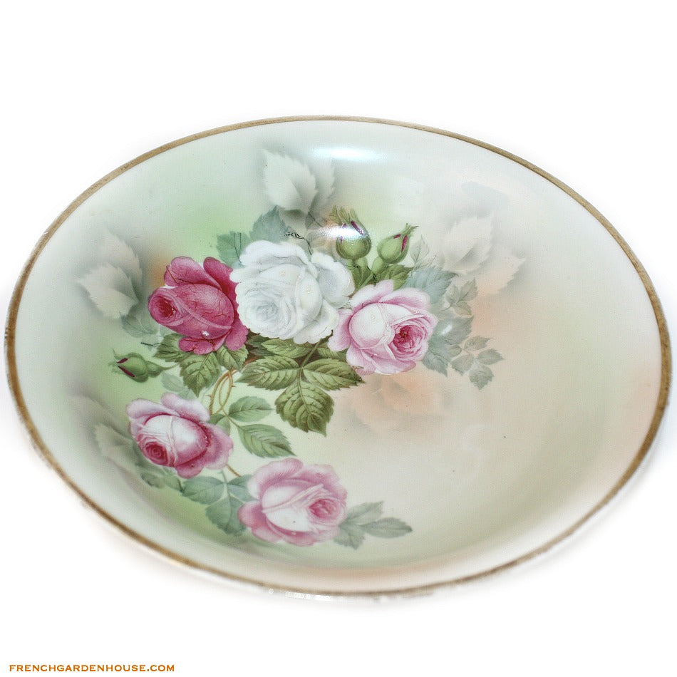 Antique Enameled Pink Roses Serving Bowl