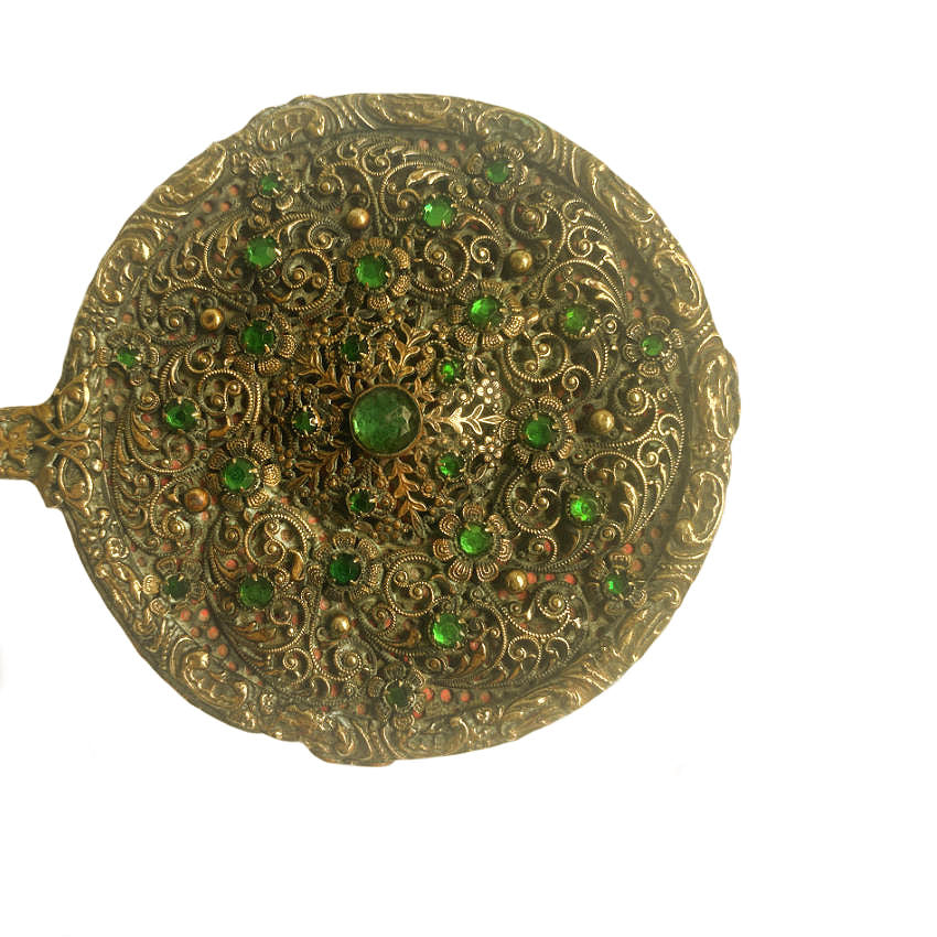 Gold jeweled filigree hand mirror adorned with emerald green glass cabochons. A romantic antique vanity treasure of exceptional elegance and charm.