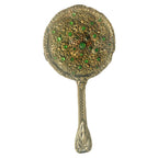 Gold jeweled filigree hand mirror adorned with emerald green glass cabochons. A romantic antique vanity treasure of exceptional elegance and charm.