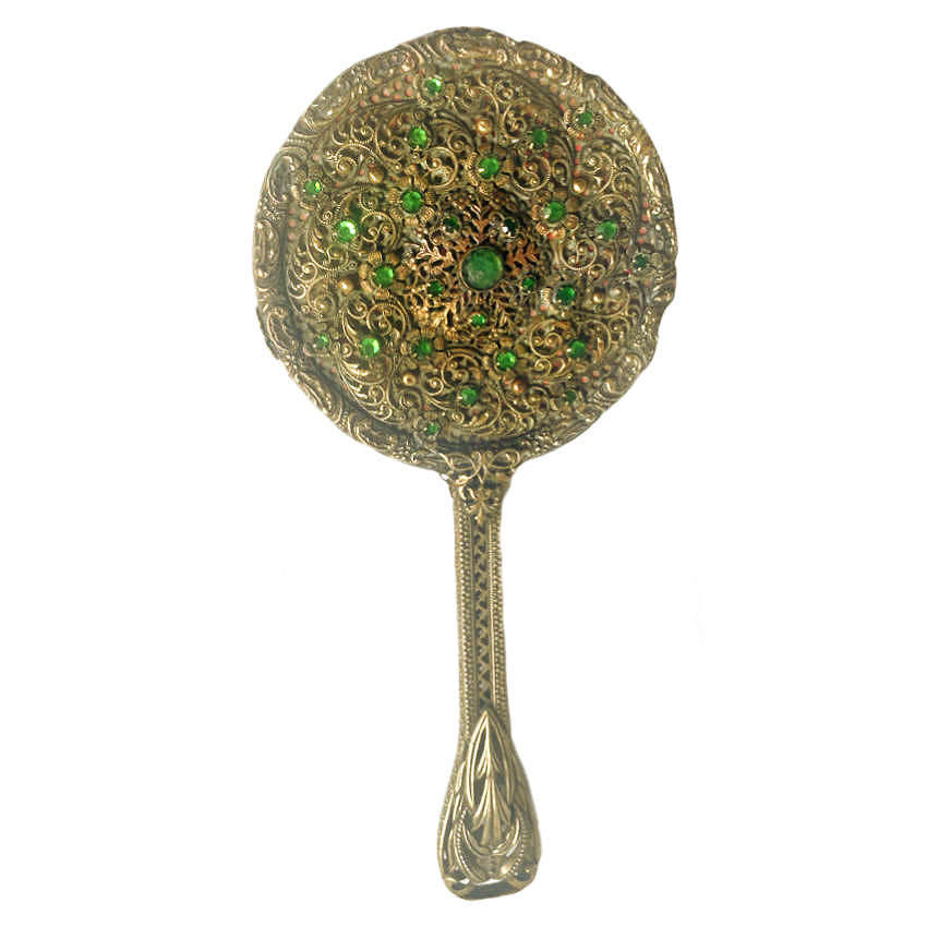 Gold jeweled filigree hand mirror adorned with emerald green glass cabochons. A romantic antique vanity treasure of exceptional elegance and charm.