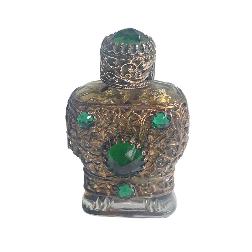 Antique Glass Perfume Bottle with Jeweled &amp; Gilt Filigree Decoration