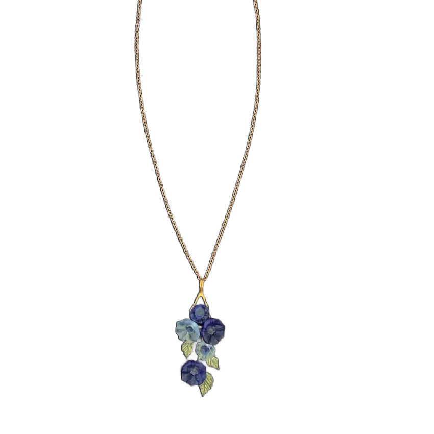 Morning Glory blue necklace in patinated bronze botanical pendant jewelry