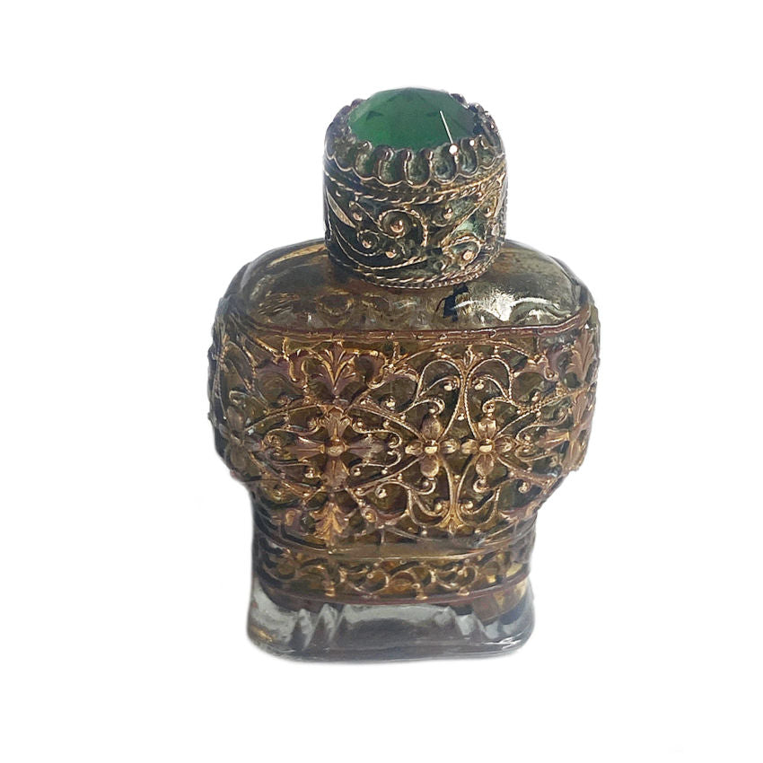 Antique Glass Perfume Bottle with Jeweled &amp; Gilt Filigree Decoration