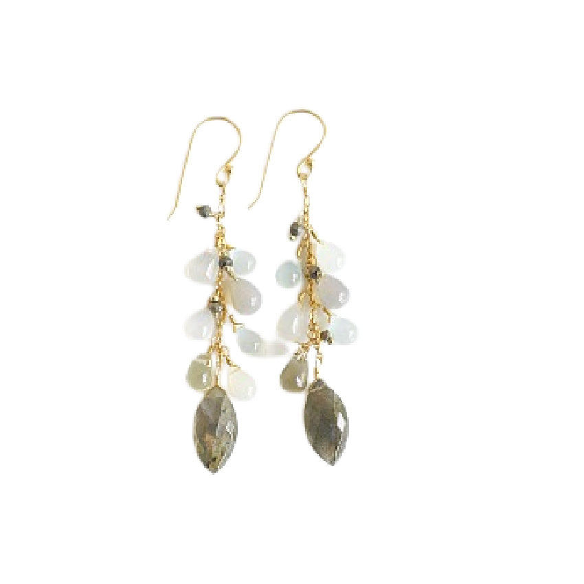 Luxury jewelry, designer semi-precious chalcedony cascade earrings with vermeil gold plating and moss labradorite accents