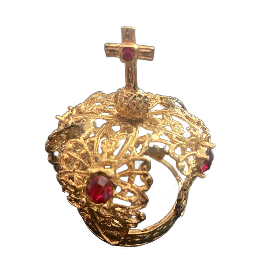 Antique French Jeweled Filigree Religious Gilt Crown with Cross