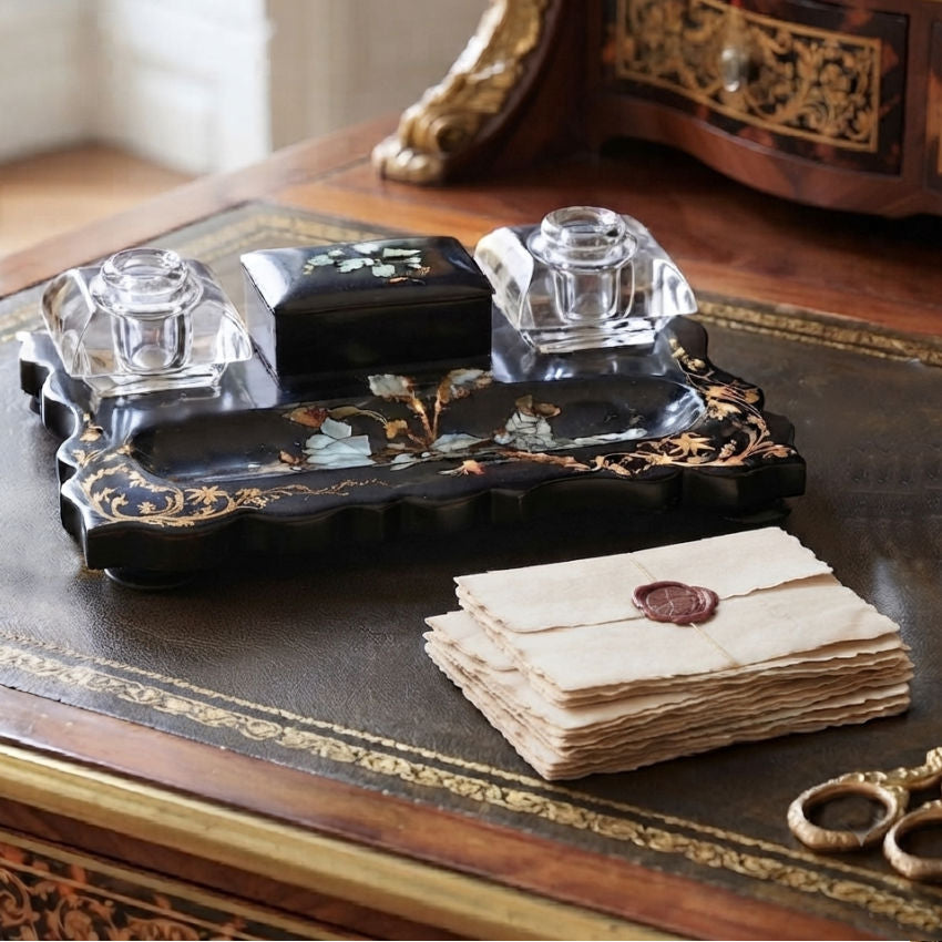 Napoleon III Papier Mâché Inkwell Stand with Mother of Pearl Pen, c.1870