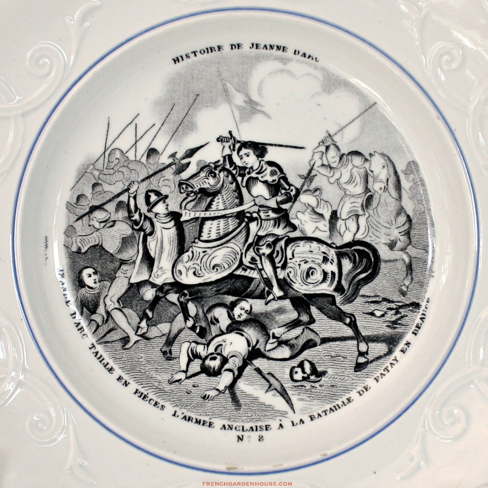 Antique 1860 French Gien Faience Story Plate Jean D&#39;Arc Transferware