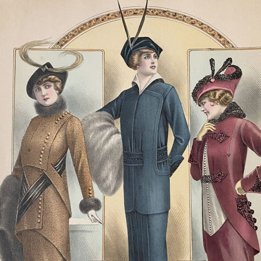 Parisian Couture Fashion plate-priint  in chromolithgraph colors with furs and hats from the early 1900's