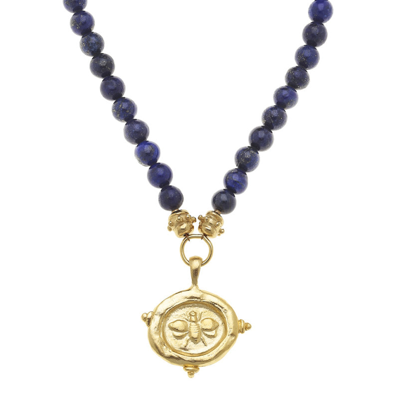 Gold Bee Intaglio and Lapis Necklace