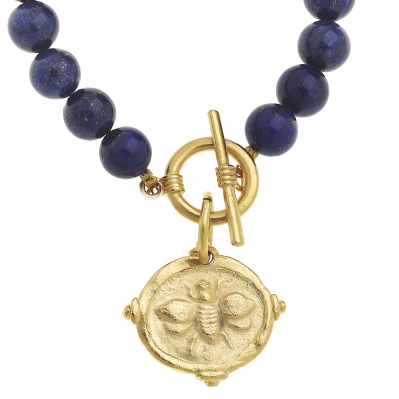 Gold Bee Intaglio on Blue Lapis Bracelet