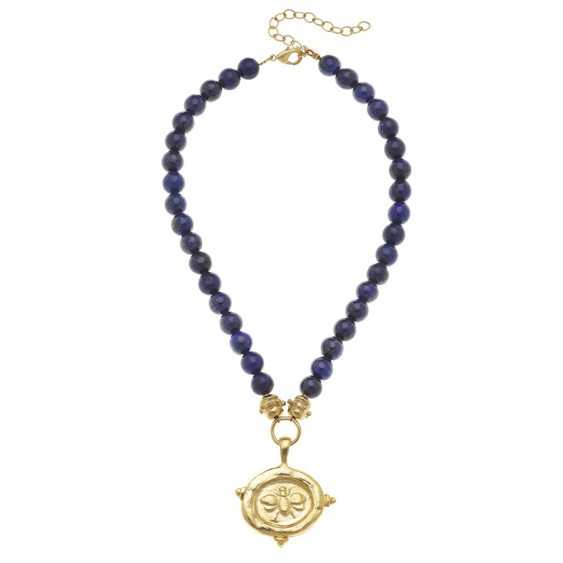 Susan Shaw blue lapis necklace with gold bee pendant