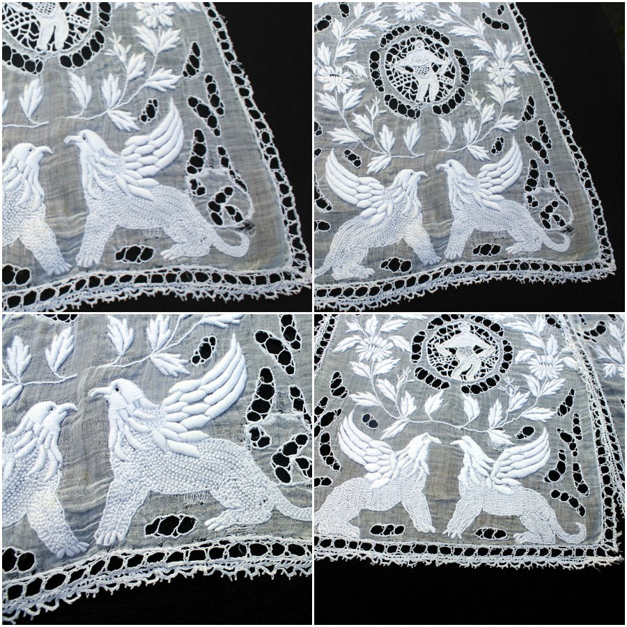 18th Century Hand Embroidered Ayrshire Figural Lace Lappets