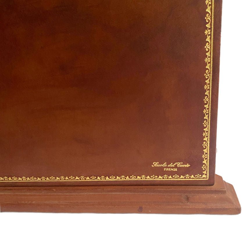 Scuola del Cuoio, Florentine leather, Italian leather, large leather box, leather letter box with lid, 22kt gold tooling, gold tooled leather, vintage desk accessory, Florence craftsmanship, luxury office decor, collectible leather