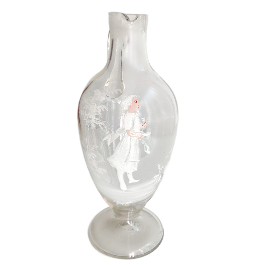 Antique Mary Gregory decanter, hand-painted white enamel girl, mouth-blown with applied handle & stopper – rare collectible art glass, 11¼" tall girl