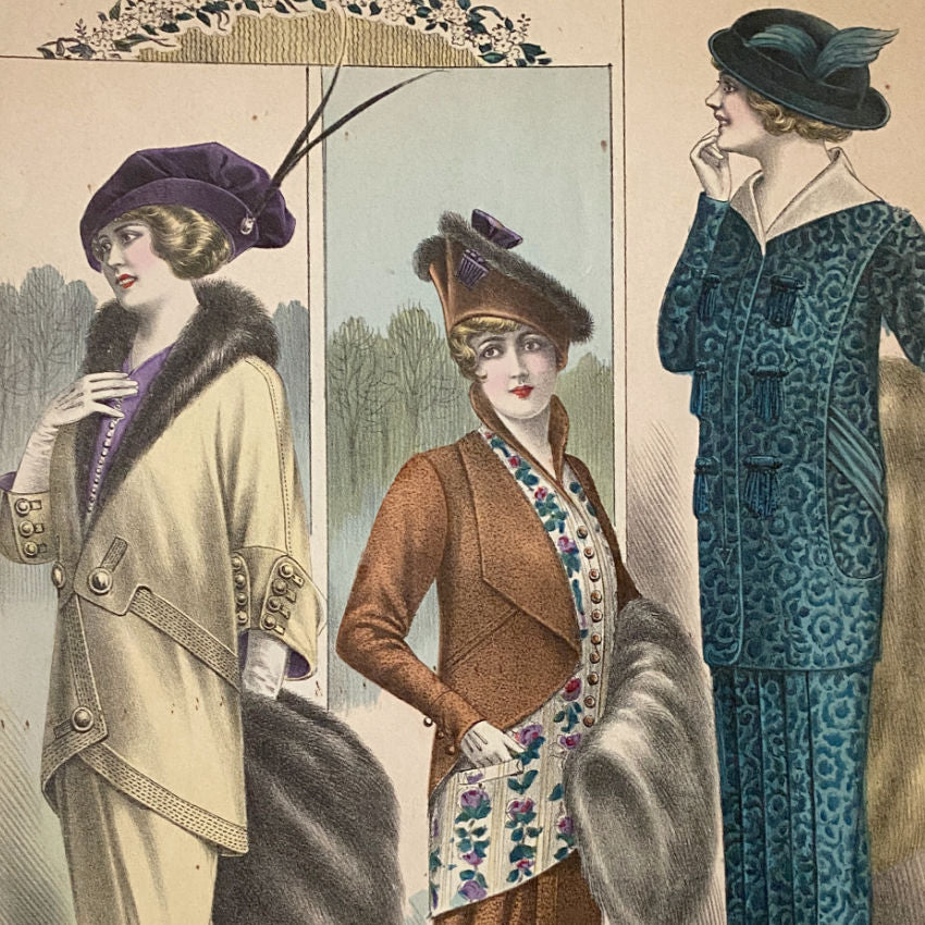 Printed in Paris, this chromolithograph print showcases chic Parisiennes in sumptuous fall/winter ensembles, in tones of camel, rust-brown and teal, emblematic of the refined couture aesthetic of the period.&nbsp;