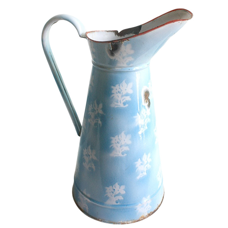 Antique Shabby Blue and White Floral Body Pitcher