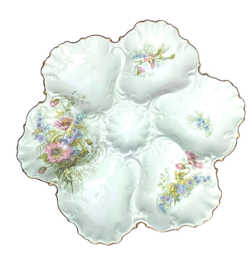 Antique French Limoges Pastel Garden Flowers Oyster Plate