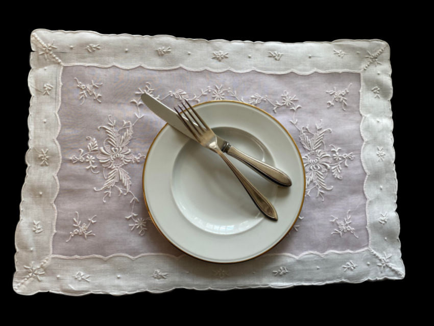 Vintage Hand Embroidered Madeira Blush Pink Organdy Place Setting for 12