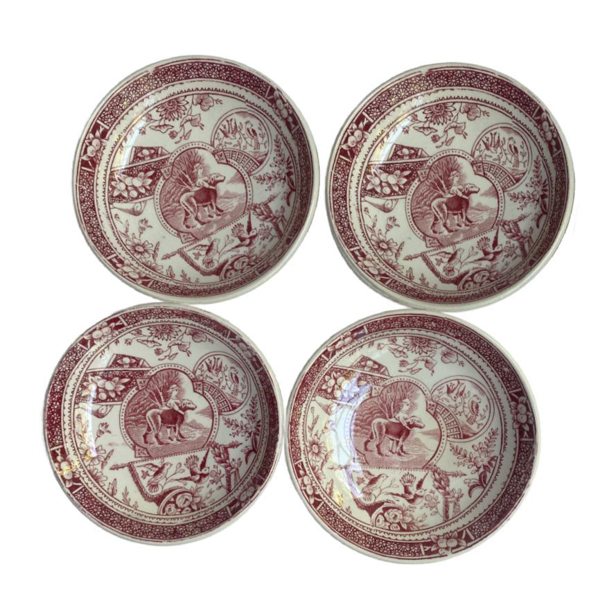 Complete Charles Allerton “Little Mae” Staffordshire tea set in red with teapot, sugar, creamer, plates, cups and saucers. Rare English collectible.