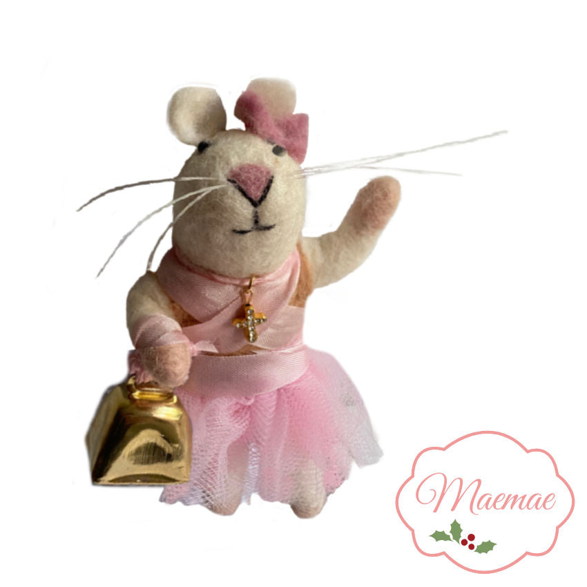 Breast Cancer Survivor Felted Mouse ornament with cross and bell