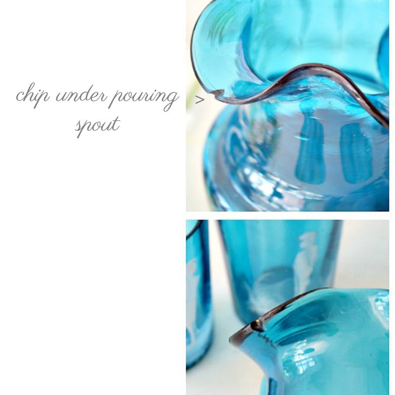 Antique Bohemian Turquoise Blue Hand Blown Glass Enameled Pitcher and Glass Set Mary Gregory