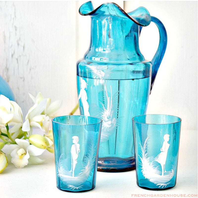 Antique Bohemian Turquoise Blue Hand Blown Glass Enameled Pitcher and Glass Set Mary Gregory