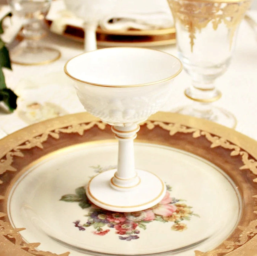 Set of 9 1940's Milk Glass Dessert Coupes with Gold Trim