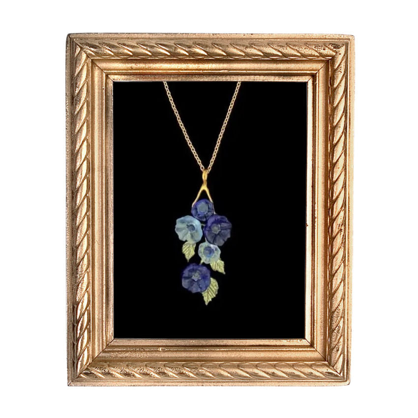 Blue morning glory floral necklace artisan cast bronze botanical pendant