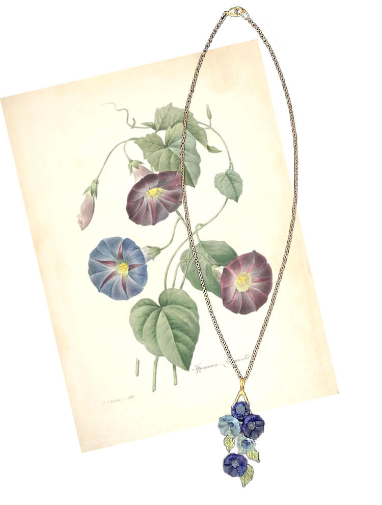 Morning glory flower necklace nature inspired floral pendant in bronze with antique print of morning glory flowers