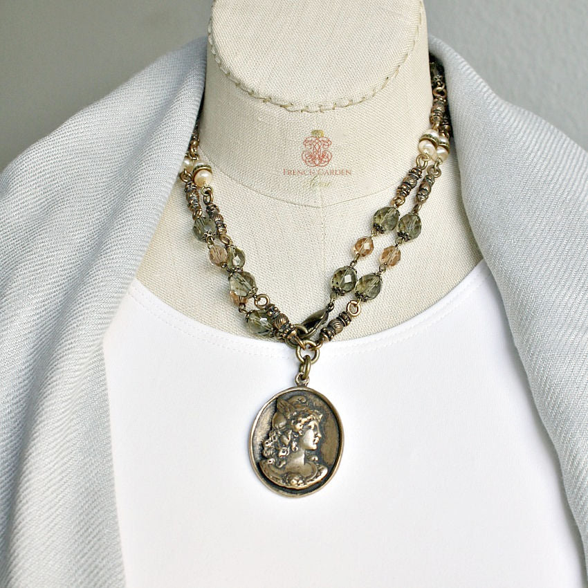 French Apolline Green Olivine and Pearl Pendant Necklace