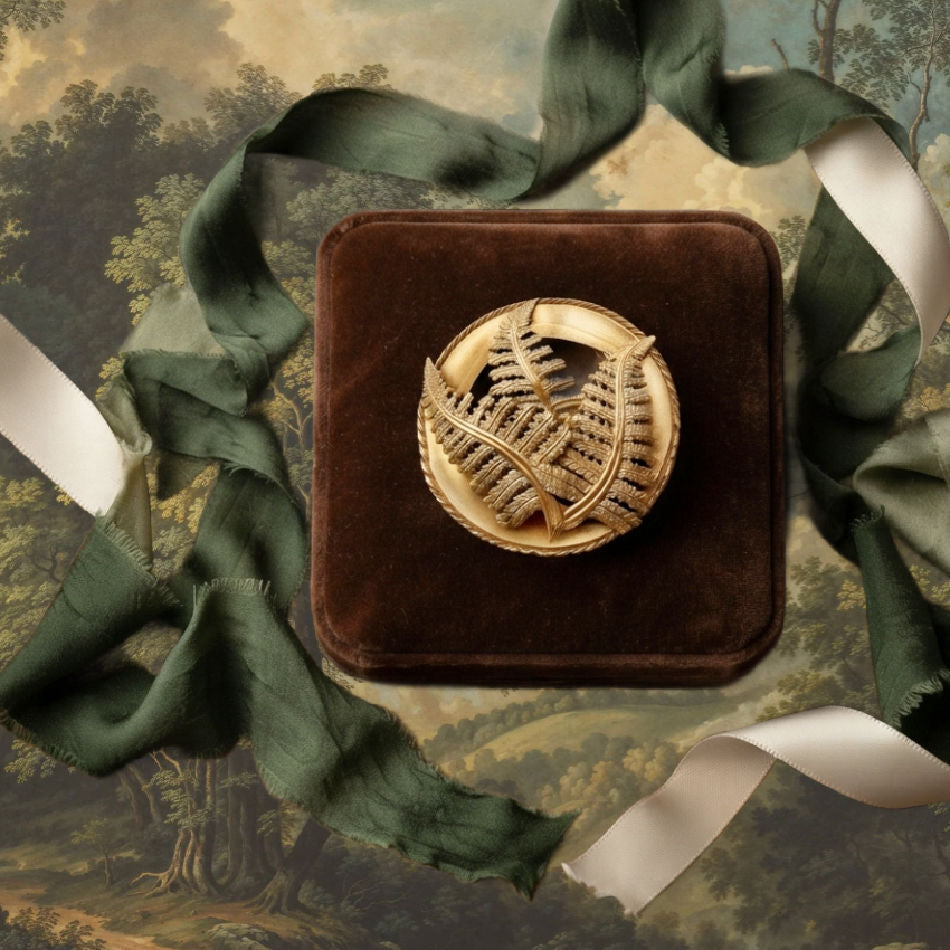 Rare 19th Century Antique Mourning Brooch in Gold with Fern Motif