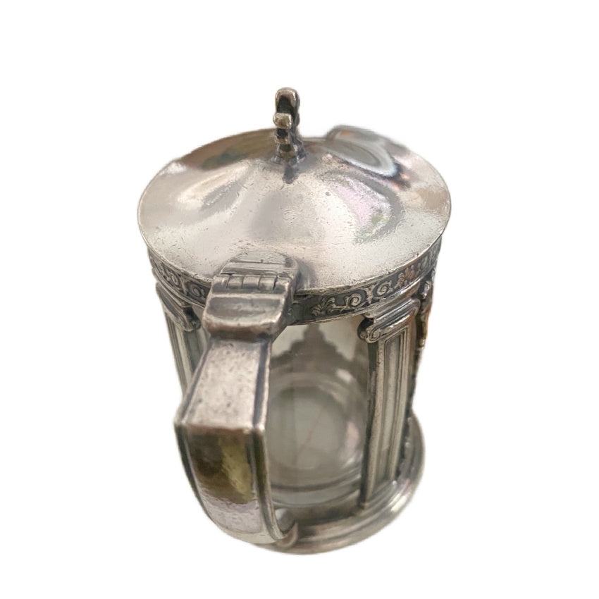Reed & Barton Hotel Deshler silver mustard pot with hinged lid and finial top
