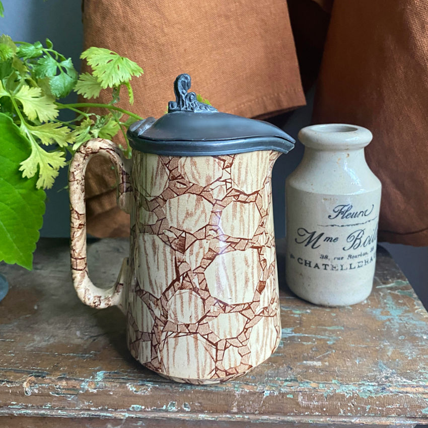 Antique Ironstone Syrup Pitcher with Pewter Lid