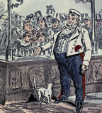 Close-up of polychrome transferware showing shopkeeper and tin can window display, front view.