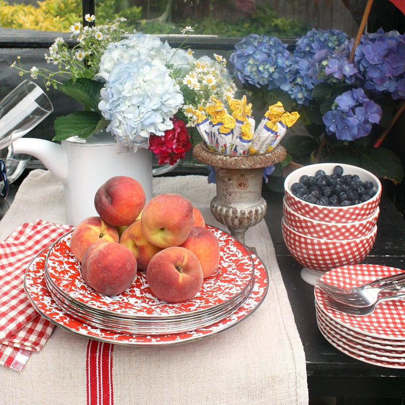 French Country Red Porcelain Enameled Dinner Plates Set of 4