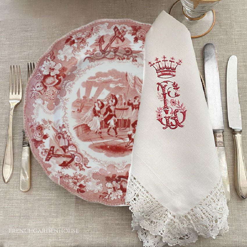 From an aristocratic trousseau, magnificent set of 6 napkins evokes the splendor of the Belle Époque-double embroidery of a noble crowned monogram and flowers with antique red Transferware plate