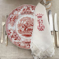From an aristocratic trousseau, magnificent set of 6 napkins evokes the splendor of the Belle Époque-double embroidery of a noble crowned monogram and flowers with antique red Transferware plate