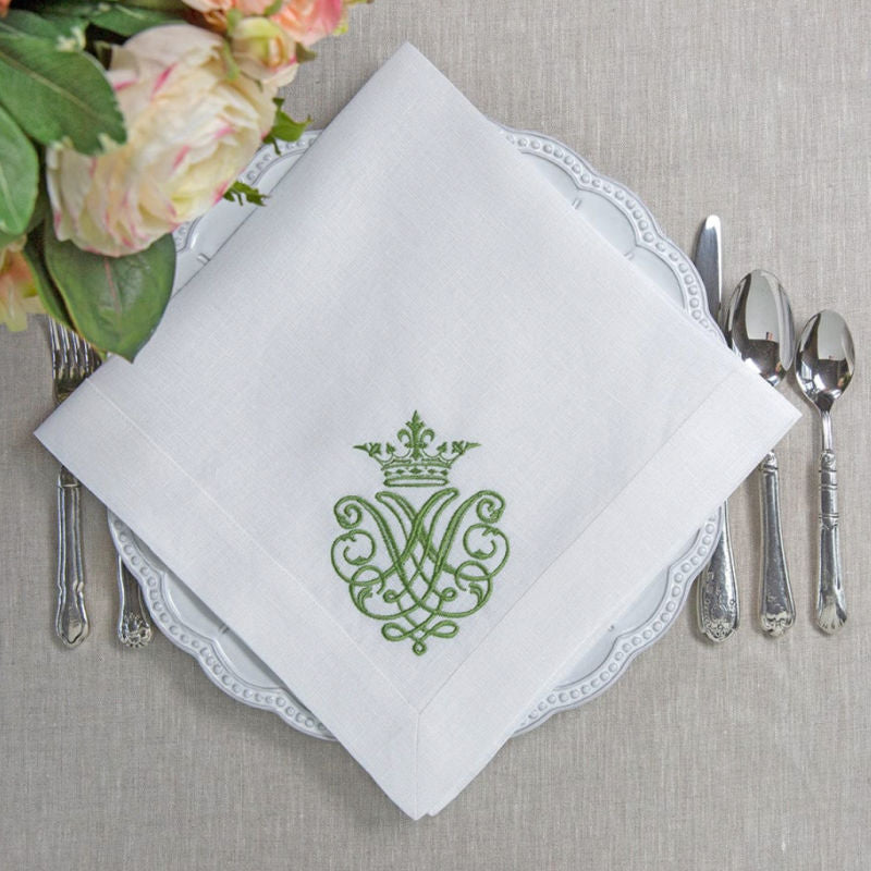 Set of 4 Luxury European Linen White Napkins Green Embroidered Royal Crest