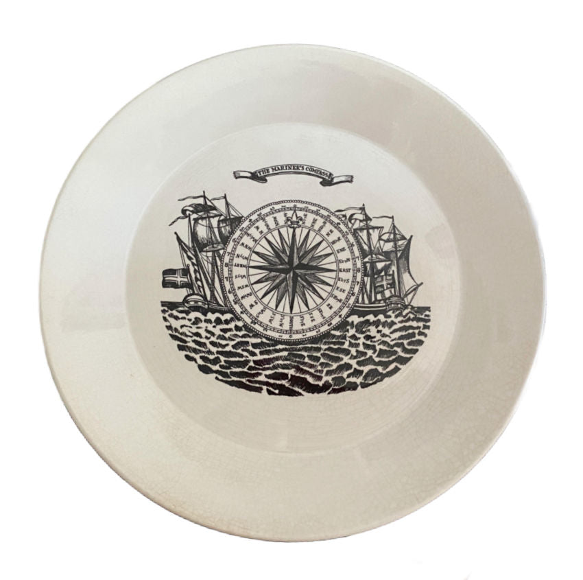 Close-up of Mariner’s Compass plate with clean graphic detailing and soft ceramic glaze
