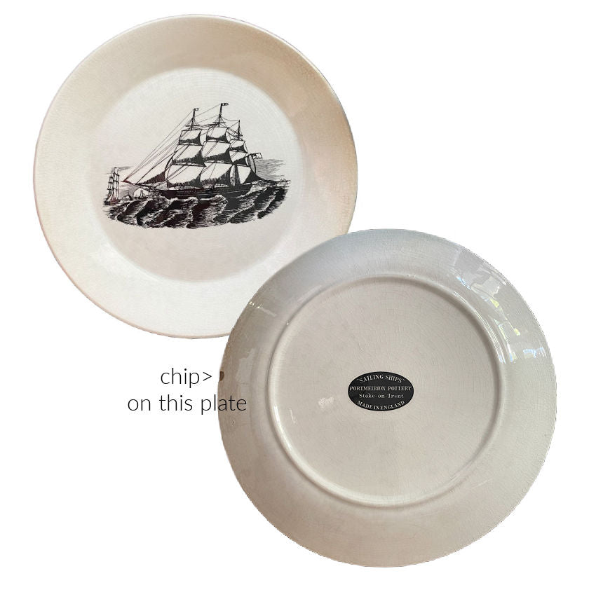 Detail of minor under-rim chip on one plate, subtle age character when displayed and mark on the plate