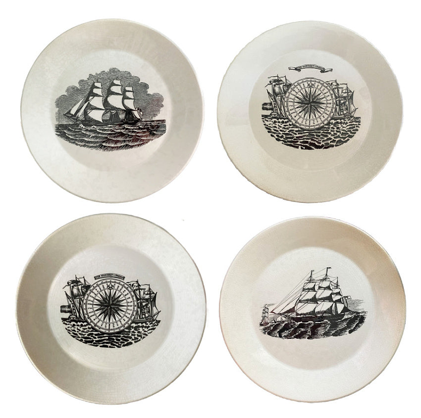 Modern coastal wall display of four Portmeirion nautical plates with compass and sailing ship designs