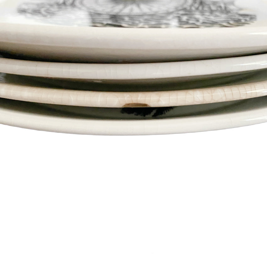 Detail of minor under-rim chip on one plate, subtle age character when displayed