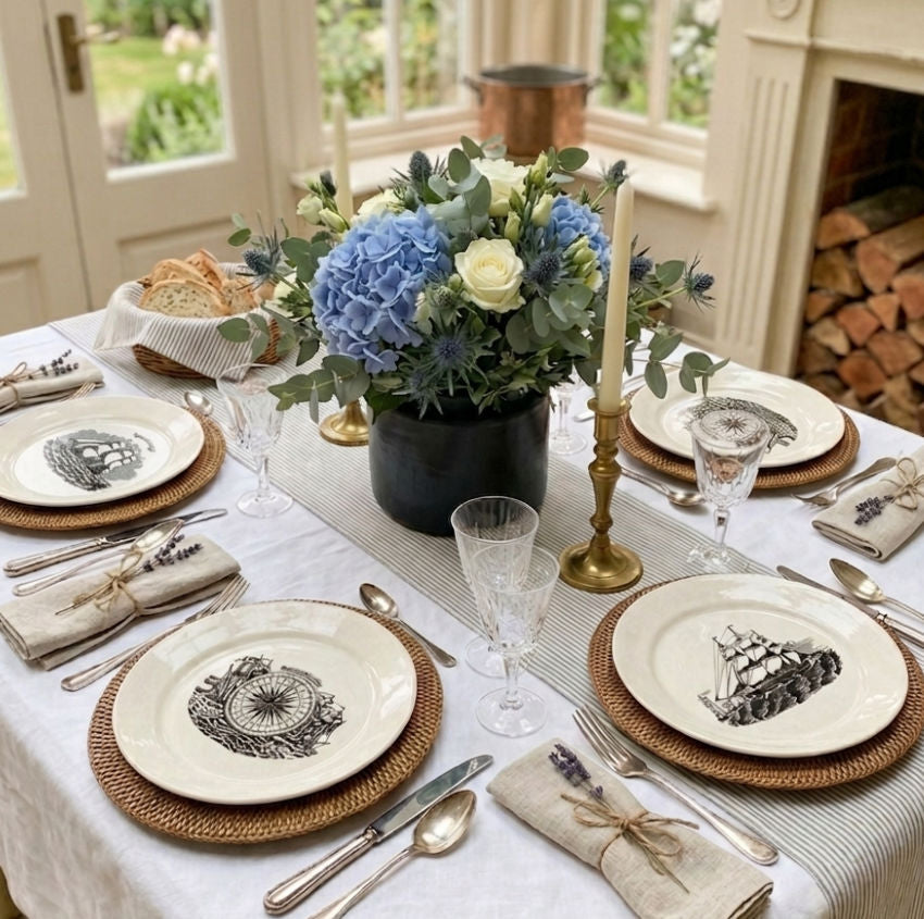Modern coastal wall display of four Portmeirion nautical plates with compass and sailing ship designs