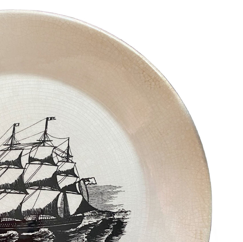 Close-up ofSailboat plate with clean graphic detailing and craquelure