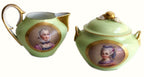 Antique French Vieux Paris porcelain sugar bowl and creamer set in rare apple green Sèvres style, hand-painted with delicate portraits and gilt accents. Marie Antoinette portrait close ups.