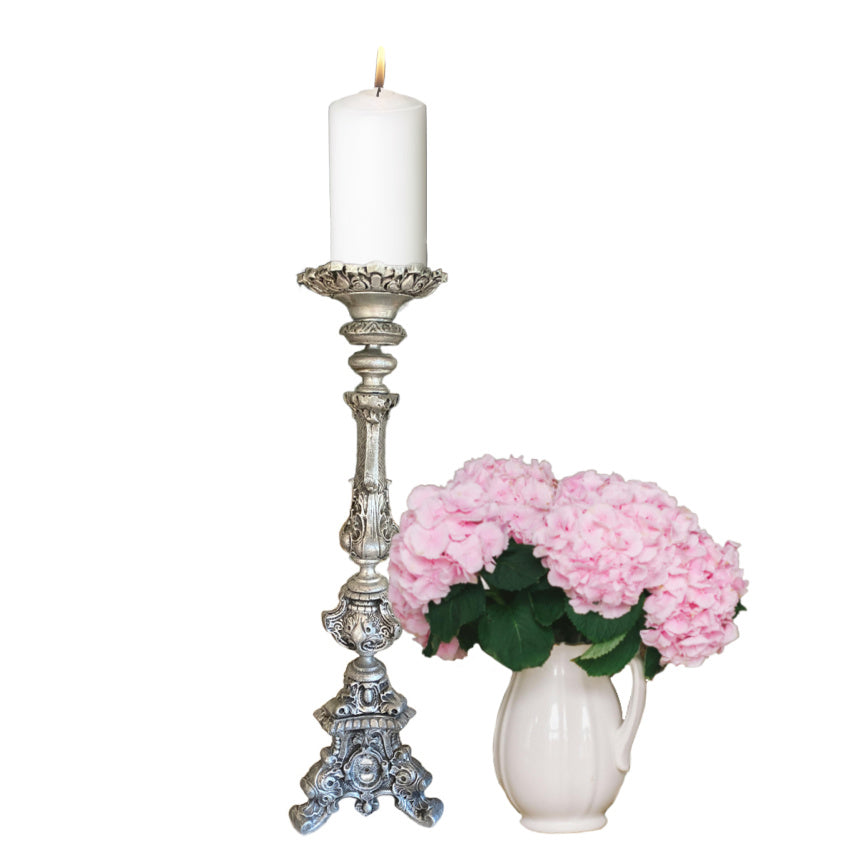 French brocante cast metal silver color altar candlestick with pricket spike, 23 inches high. Decorative ecclesiastical style piece for French country interiors.